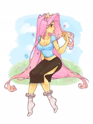 Size: 1536x2048 | Tagged: safe, artist:mikashiyaa, derpibooru import, fluttershy, human, breasts, cleavage, clothes, eared humanization, female, flower, flower in hair, head turned, hootershy, humanized, long hair, midriff, pony coloring, simple background, socks, solo, white background