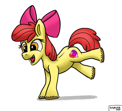 Size: 2068x1894 | Tagged: safe, artist:darkyboode32, derpibooru import, apple bloom, earth pony, pony, bow, female, filly, foal, handstand, happy, legs in air, open mouth, open smile, shadow, simple background, smiling, solo, upside down, white background