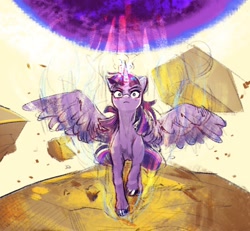 Size: 1854x1711 | Tagged: safe, artist:applephil, derpibooru import, twilight sparkle, twilight sparkle (alicorn), alicorn, pony, female, frown, imminent death, looking at you, magic, mare, solo, spread wings, wings