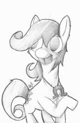 Size: 1078x1650 | Tagged: safe, artist:deathnugget-afro, derpibooru import, oc, oc only, earth pony, pony, earth pony oc, female, grayscale, jewelry, mare, monochrome, necklace, no pupils, old art, open mouth, open smile, pencil drawing, raised hoof, raised leg, smiling, solo, traditional art, unnamed oc