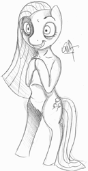 Size: 598x1160 | Tagged: safe, artist:deathnugget-afro, derpibooru import, pinkie pie, earth pony, semi-anthro, creepy, creepy grin, grayscale, grin, hooves together, monochrome, old art, pencil drawing, pinkamena diane pie, smiling, solo, traditional art