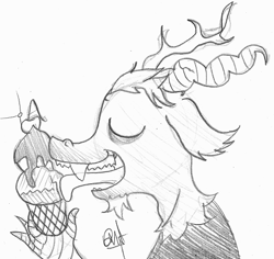 Size: 487x460 | Tagged: safe, artist:deathnugget-afro, derpibooru import, discord, draconequus, 2012, eyes closed, food, grayscale, ice cream, ice cream cone, licking, monochrome, old art, pencil drawing, profile, requested art, solo, tongue, tongue out, traditional art, turnip