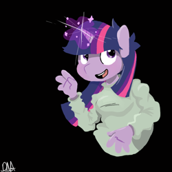 Size: 576x576 | Tagged: safe, artist:deathnugget-afro, derpibooru import, twilight sparkle, anthro, unicorn, black background, clothes, female, old art, open mouth, open smile, simple background, smiling, solo