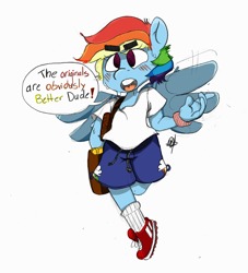 Size: 1024x1128 | Tagged: safe, artist:deathnugget-afro, derpibooru import, rainbow dash, anthro, pegasus, bag, clothes, eyebrows, eyebrows visible through hair, old art, shirt, shoes, shorts, shoulder bag, simple background, solo, speech bubble, sweatband, t-shirt, thick eyebrows, white background