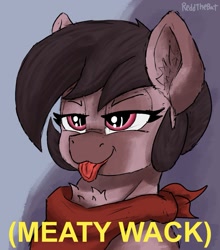 Size: 1191x1353 | Tagged: safe, artist:reddthebat, derpibooru import, oc, oc only, oc:number nine, earth pony, pony, bust, chest fluff, ear fluff, ears, earth pony oc, female, lidded eyes, mare, neckerchief, solo, text, tongue, tongue out