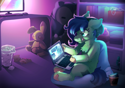 Size: 7016x4961 | Tagged: safe, artist:cutepencilcase, derpibooru import, oc, oc only, earth pony, pony, book, chest fluff, computer, earth pony oc, laptop computer, plushie, solo, tongue, tongue out