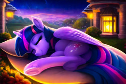 Size: 1728x1152 | Tagged: safe, derpibooru import, generator:novelai, generator:stable diffusion, machine learning generated, twilight sparkle, twilight sparkle (alicorn), alicorn, pony, butt, cute, dock, ear fluff, ears, eyes closed, female, frog (hoof), horn, lying down, mare, night, on side, outdoors, scenery, sleeping, solo, tail, underhoof, wings