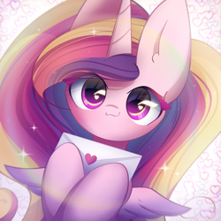 Size: 2100x2100 | Tagged: safe, artist:miryelis, derpibooru import, princess cadance, alicorn, pony, big ears, big eyes, colored wings, cute, ears, gradient mane, gradient wings, heart, horn, impossibly large ears, letter, long hair, looking at you, signature, smiling, smiling at you, solo, spread wings, wings