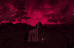 Size: 2800x1807 | Tagged: safe, artist:enderbee, derpibooru import, oc, oc only, oc:trance sequence, earth pony, pony, background, chest fluff, commission, dark, earth pony oc, fence, fire, forest, full body, plant, red background, sad, simple background, solo, sprout, tree