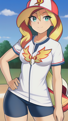 Size: 864x1536 | Tagged: safe, derpibooru import, editor:sammykun, generator:novelai, generator:stable diffusion, machine learning generated, sunset shimmer, equestria girls, baseball, baseball cap, breasts, cap, clothes, cloud, female, grass, hand on hip, hat, jersey, looking at you, outdoors, shirt, shorts, sky, small breasts, smiling, solo, sports, sports outfit