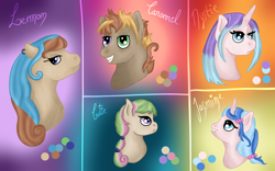 Size: 4000x2500 | Tagged: safe, artist:loopina, derpibooru import, oc, oc:caramel bomber, oc:cutie, oc:jasmine, oc:lemon, oc:misty, earth pony, pegasus, pony, unicorn, bust, buste, female, filly, foal, male, portrait, reference, simple background