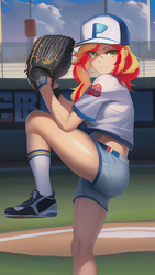 Size: 864x1536 | Tagged: safe, derpibooru import, editor:sammykun, generator:novelai, generator:stable diffusion, machine learning generated, sunset shimmer, equestria girls, baseball, baseball cap, baseball glove, breasts, cap, clothes, cloud, denim, denim shorts, grass, hat, jersey, looking at you, outdoors, pitcher, raised leg, reference used, shirt, shoes, shorts, sky, small breasts, smiling, sneakers, socks, solo, sports, sports outfit, stadium