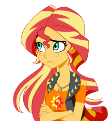 Size: 655x715 | Tagged: safe, artist:ignoto_delta, derpibooru import, sunset shimmer, human, equestria girls, crossed arms, female, freckles, geode of empathy, magical geodes, peppered bacon, simple background, solo, white background