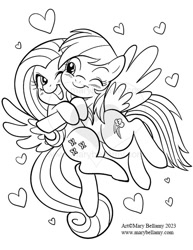 Size: 501x648 | Tagged: safe, artist:marybellamy, derpibooru import, fluttershy, rainbow dash, pegasus, pony, black and white, cheek to cheek, duo, female, floating heart, flutterdash, grayscale, heart, hug, lesbian, lineart, looking at each other, looking at someone, monochrome, one eye closed, shipping, simple background, smiling, spread wings, watermark, white background, wings