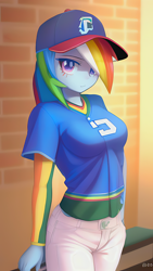 Size: 864x1536 | Tagged: safe, derpibooru import, editor:sammykun, generator:novelai, generator:stable diffusion, machine learning assisted, rainbow dash, equestria girls, baseball, baseball cap, breasts, brick wall, cap, clothes, denim, detached sleeves, female, hat, indoors, jeans, jersey, looking at you, pants, reasonably sized breasts, serious, serious face, shirt, sky, solo, sports, sports outfit