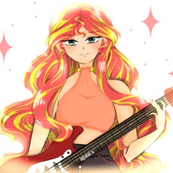 Size: 1280x1280 | Tagged: safe, artist:rosiealovna, derpibooru import, sunset shimmer, human, female, guitar, humanized, musical instrument, solo