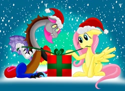 Size: 2220x1620 | Tagged: safe, artist:gracefulart693, derpibooru import, fluttershy, oc, draconequus, pegasus, pony, christmas, draconequus oc, duo, eyelashes, female, hat, holiday, mare, outdoors, present, santa hat, snow, snowfall, wings