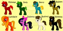 Size: 564x283 | Tagged: artist needed, safe, derpibooru import, pony, candace flynn, ferb fletcher, isabella garcia shapiro, misspelling, perry the platypus, phineas and ferb, phineas flynn, ponified, species swap