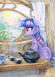 Size: 860x1200 | Tagged: safe, artist:maytee, derpibooru import, twilight sparkle, unicorn twilight, pony, unicorn, colored pencil drawing, cottagecore, cup, ears, female, floppy ears, mare, scenery, sitting, solo, teacup, teapot, traditional art, window