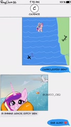 Size: 1140x2048 | Tagged: safe, artist:jarco_082, derpibooru import, princess cadance, alicorn, pony, accident, implied shining armor, meme, message, ocean, plane, ponified, ponified meme, selfie, spanish, water