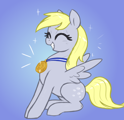 Size: 2640x2555 | Tagged: safe, artist:t72b, derpibooru import, derpy hooves, pegasus, pony, award, cute, derpabetes, eyes closed, female, gradient background, grin, happy, mare, medal, pun, sitting, smiling, solo, spread wings, wings