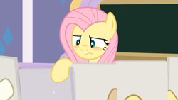 Size: 1280x720 | Tagged: safe, artist:agrol, derpibooru import, fluttershy, pegasus, pony, art class, chalkboard, fluttershy is not amused, friendship student, school of friendship, the element of kindness, this will end in detention, unamused