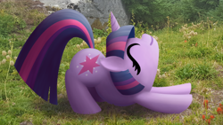 Size: 1920x1080 | Tagged: safe, artist:purblehoers, derpibooru import, twilight sparkle, unicorn twilight, pony, unicorn, behaving like a cat, cute, cutie mark, eyes closed, female, flower, grass, irl, mare, photo, ponies in real life, rock, smiling, solo, stretching, tree, twiabetes, twilight cat