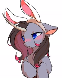 Size: 1638x2048 | Tagged: safe, artist:malt cat, derpibooru import, oleander, pony, unicorn, them's fightin' herds, awwleander, blushing, bunny ears, community related, cute, embarrassed, female, looking away, simple background, solo, unshorn fetlocks, white background