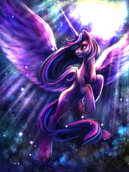 Size: 900x1200 | Tagged: safe, artist:kreativpony, derpibooru import, princess twilight 2.0, twilight sparkle, twilight sparkle (alicorn), alicorn, pony, the last problem, female, flying, mare, older, older twilight, solo, spread wings, wings