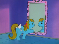 Size: 960x720 | Tagged: safe, derpibooru import, screencap, baby ribbon, pony, unicorn, g1, my little pony 'n friends, the ghost of paradise estate, baby, baby pony, bow, butt, female, filly, foal, mirror, plot, reflection, solo, tail, tail bow