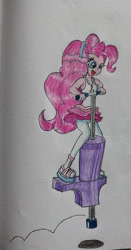 Size: 647x1235 | Tagged: safe, artist:goldheart1, derpibooru import, pinkie pie, human, equestria girls, bouncing, clothes, female, headband, open mouth, open smile, pogo stick, shadow, skirt, smiling, solo, traditional art