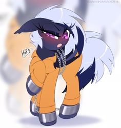 Size: 1937x2048 | Tagged: safe, artist:darkmaxxie, derpibooru import, oc, oc only, oc:maxie, bat pony, bat pony oc, bound wings, chained, chains, clothes, cuffed, cuffs, prison outfit, prisoner, shackles, wings, zoom layer