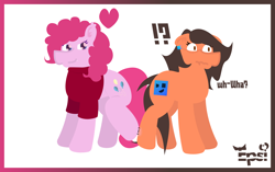 Size: 5408x3390 | Tagged: safe, artist:epsipeppower, derpibooru import, part of a set, pinkie pie, oc, oc:robertapuddin, earth pony, pony, comic:roberta the pink gump, character to character, clothes, confused, ear piercing, earring, exclamation point, floating heart, heart, interrobang, jewelry, nudge, outline, piercing, question mark, shirt, transformation, transformation sequence, twinning