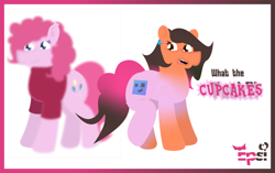 Size: 5408x3390 | Tagged: safe, artist:epsipeppower, derpibooru import, part of a set, pinkie pie, oc, oc:robertapuddin, earth pony, pony, comic:roberta the pink gump, censored, censored vulgarity, character to character, clothes, confused, dialogue, ear piercing, earring, jewelry, outline, piercing, shirt, shocked, transformation, transformation sequence, twinning