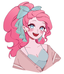 Size: 1900x2200 | Tagged: safe, artist:ddddorii, derpibooru import, pinkie pie, human, bow, breasts, bust, cleavage, clothes, cute, female, hair bow, humanized, open mouth, open smile, portrait, simple background, smiling, solo, transparent background