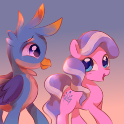 Size: 3000x3000 | Tagged: safe, artist:lanlanlc, derpibooru import, diamond tiara, gallus, earth pony, griffon, pony, duo, duo male and female, eyebrows, female, filly, foal, folded wings, gradient background, happy face, high res, male, missing accessory, open mouth, open smile, smiling, sunset, wings