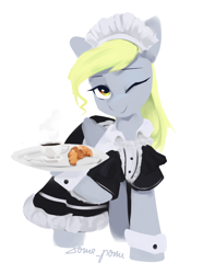 Size: 1346x1709 | Tagged: safe, artist:some_ponu, derpibooru import, derpy hooves, pony, alternate hairstyle, bread, chocolate, clothes, croissant, food, hot chocolate, looking at you, maid, one eye closed, serving tray, simple background, smiling, solo, white background, wink