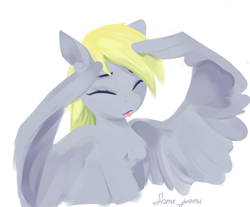 Size: 2241x1858 | Tagged: safe, artist:some_ponu, derpibooru import, derpy hooves, pegasus, pony, ah eto bleh, chest fluff, eyes closed, female, mare, meme, parody, simple background, solo, spread wings, tongue, tongue out, white background, wings