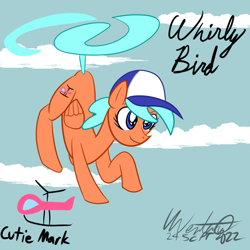 Size: 1000x1000 | Tagged: safe, artist:volticomics, derpibooru import, oc, oc only, oc:whirly bird, pegasus, pony, cap, flying, hat, helicopter, solo, tail, tailcopter