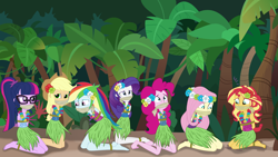 Size: 4500x2530 | Tagged: safe, artist:splendidbondage, derpibooru import, applejack, fluttershy, pinkie pie, rainbow dash, rarity, sci-twi, sunset shimmer, twilight sparkle, equestria girls, cloth gag, clothes, gag, grass skirt, humane five, humane seven, humane six, skirt, tied up