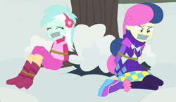 Size: 2582x1500 | Tagged: safe, artist:splendidbondage, derpibooru import, bon bon, lyra heartstrings, sweetie drops, better together, equestria girls, holidays unwrapped, gag, saving pinkie's pie, tape, tape gag, tied up