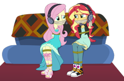 Size: 3036x2000 | Tagged: safe, artist:splendidbondage, derpibooru import, fluttershy, sunset shimmer, better together, equestria girls, game stream, cloth gag, clothes, converse, duo, duo female, female, fluttershy boho dress, gag, headphones, shoes, simple background, tied up, transparent background