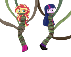 Size: 3000x2400 | Tagged: safe, artist:splendidbondage, derpibooru import, sunset shimmer, twilight sparkle, equestria girls, bondage, duo, duo female, female, gag, simple background, transparent background, vine, vine bondage