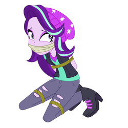 Size: 894x894 | Tagged: safe, artist:splendidbondage, derpibooru import, starlight glimmer, equestria girls, cloth gag, clothes, female, gag, pants, ripped pants, simple background, solo, tied up, torn clothes, transparent background