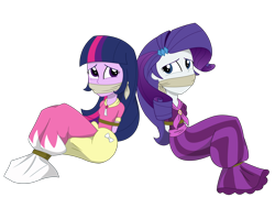 Size: 3000x2268 | Tagged: safe, artist:splendidbondage, derpibooru import, rarity, twilight sparkle, equestria girls, bondage, cloth gag, clothes, coronation dress, dress, gag, gown, long skirt, simple background, skirt, tied up, transparent background