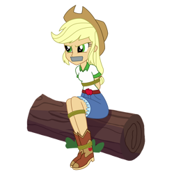 Size: 894x894 | Tagged: safe, artist:splendidbondage, derpibooru import, applejack, equestria girls, legend of everfree, applejack's hat, boots, clothes, cowboy boots, cowboy hat, cowgirl, female, gag, hat, shoes, simple background, solo, stetson, tape, tape gag, tied up, transparent background