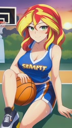 Size: 864x1536 | Tagged: safe, derpibooru import, editor:sammykun, generator:novelai, generator:stable diffusion, machine learning generated, sunset shimmer, equestria girls, ball, basketball, breasts, cleavage, clothes, crouching, looking at you, on floor, outdoors, shoes, shorts, sitting, smiling, sneakers, sports, sports outfit, sports shorts, sunset jiggler, sweat