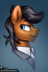 Size: 2000x3000 | Tagged: safe, artist:jedayskayvoker, derpibooru import, oc, oc:sherlock, pony, blue eyes, bust, clothes, gradient background, icon, looking back, male, patreon, patreon reward, portrait, shirt, smiling, solo, stallion, suit