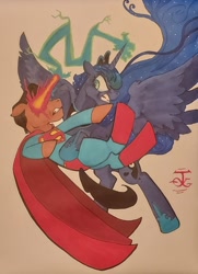 Size: 1668x2306 | Tagged: safe, derpibooru import, princess luna, alicorn, earth pony, pony, crossover, dc comics, female, fight, male, mare, superman, traditional art