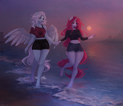 Size: 2300x2000 | Tagged: safe, artist:alicesmitt31, derpibooru import, oc, anthro, pegasus, unguligrade anthro, unicorn, beach, belly button, midriff, sun, water